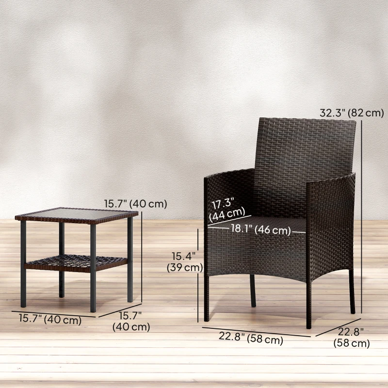 Outsunny Wicker Bistro Set, 3 Piece Patio Furniture Set with 2-Tier Glass Top Table, Cushions for Balcony, Porch, Khaki