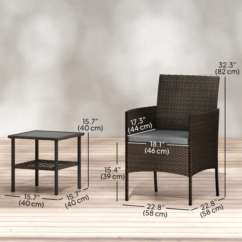Outsunny Wicker Bistro Set, 3 Piece Patio Furniture Set with 2-Tier Glass Top Table, Cushions for Balcony, Porch, Dark Grey
