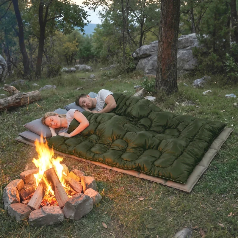 Outsunny Double Sleeping Bag for Adults, Queen Size 2 Person Sleeping Bag with 2 Pillows, for Cold Weather & Warm, Green