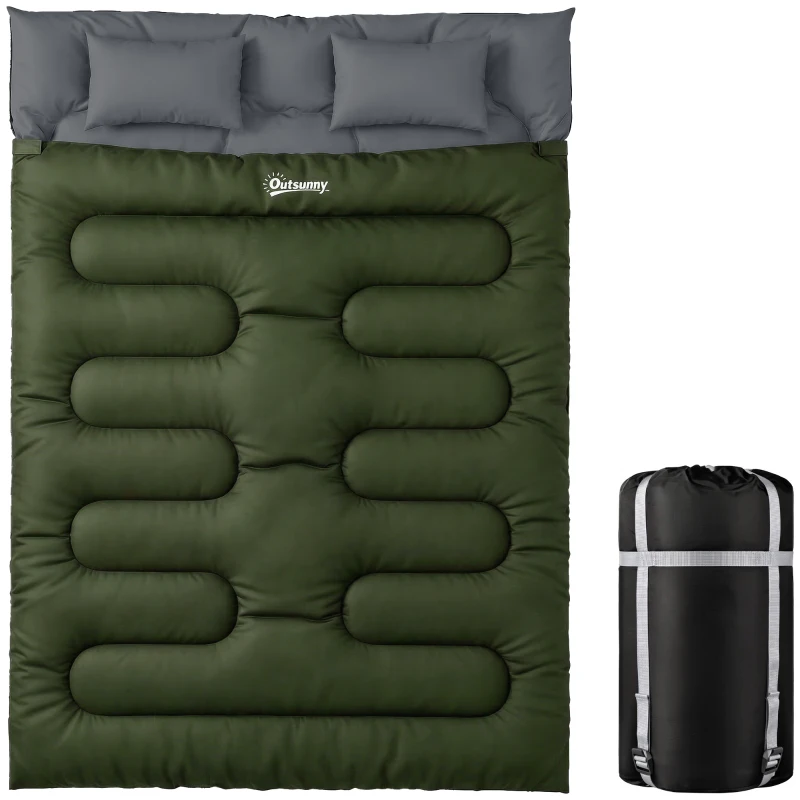 Outsunny Double Sleeping Bag for Adults, Queen Size 2 Person Sleeping Bag with 2 Pillows, for Cold Weather & Warm, Green
