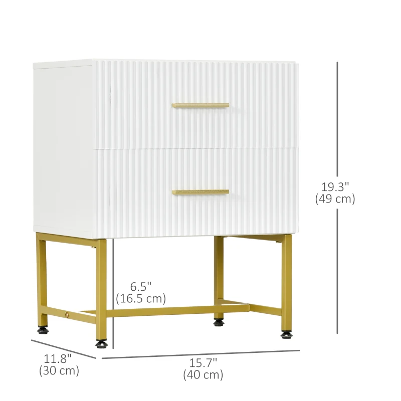 HOMCOM 2 Pieces Nightstands with Storage, Modern Bedside Tables with 2 Fluted Drawers and Gold Legs for Bedroom, White