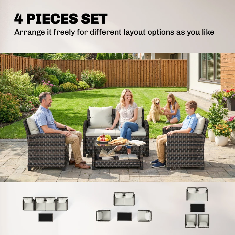 Outsunny 4 Piece Wicker Patio Furniture Set, Outdoor Furniture Conversation Set with Loveseat, Chairs, 2 Tier Table, Beige