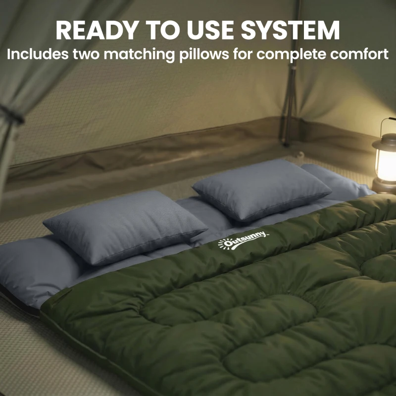 Outsunny Double Sleeping Bag for Adults, Queen Size 2 Person Sleeping Bag with 2 Pillows, for Cold Weather & Warm, Green