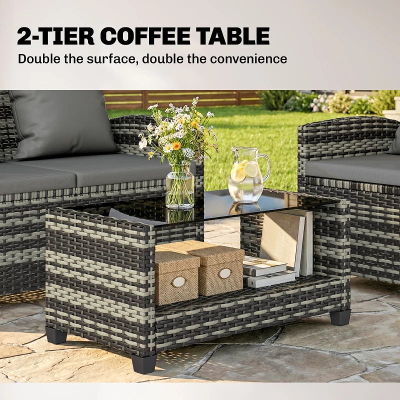 Outsunny 4 Piece Wicker Patio Furniture Set, Outdoor Furniture Conversation Set with Loveseat, Chairs, 2 Tier Table, Dark Grey