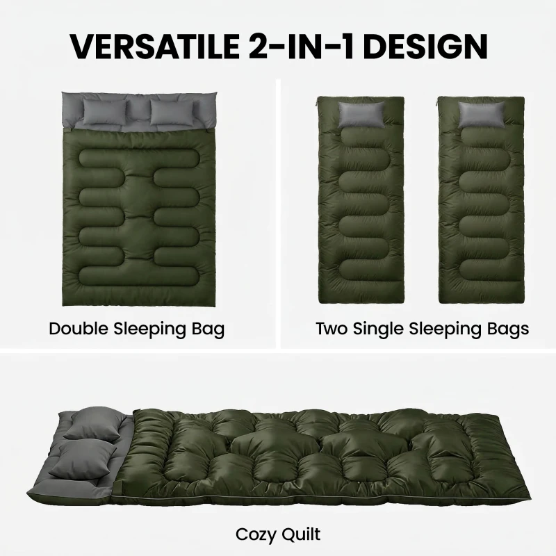 Outsunny Double Sleeping Bag for Adults, Queen Size 2 Person Sleeping Bag with 2 Pillows, for Cold Weather & Warm, Green