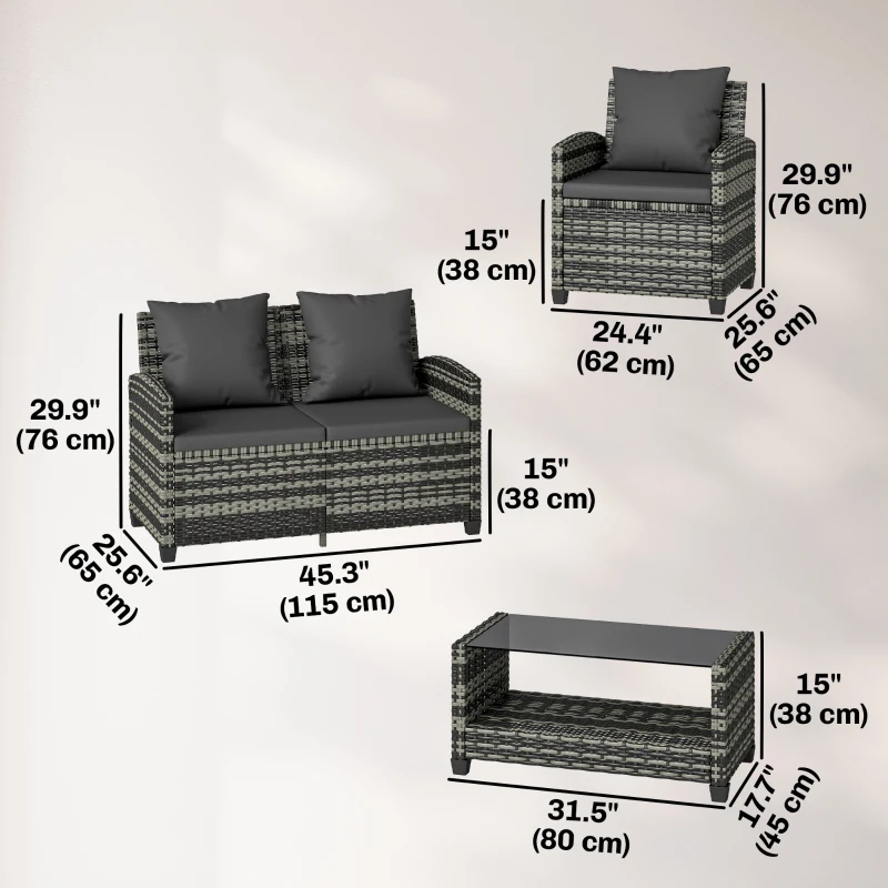 Outsunny 4 Piece Wicker Patio Furniture Set, Outdoor Furniture Conversation Set with Loveseat, Chairs, 2 Tier Table, Dark Grey