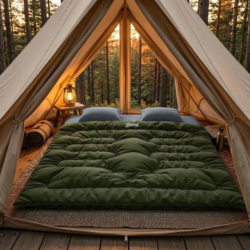 Outsunny Double Sleeping Bag for Adults, Queen Size 2 Person Sleeping Bag with 2 Pillows, for Cold Weather & Warm, Green