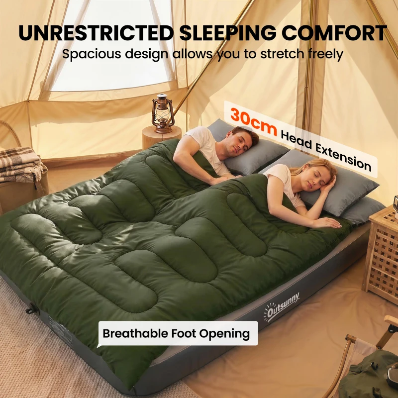 Outsunny Double Sleeping Bag for Adults, Queen Size 2 Person Sleeping Bag with 2 Pillows, for Cold Weather & Warm, Green