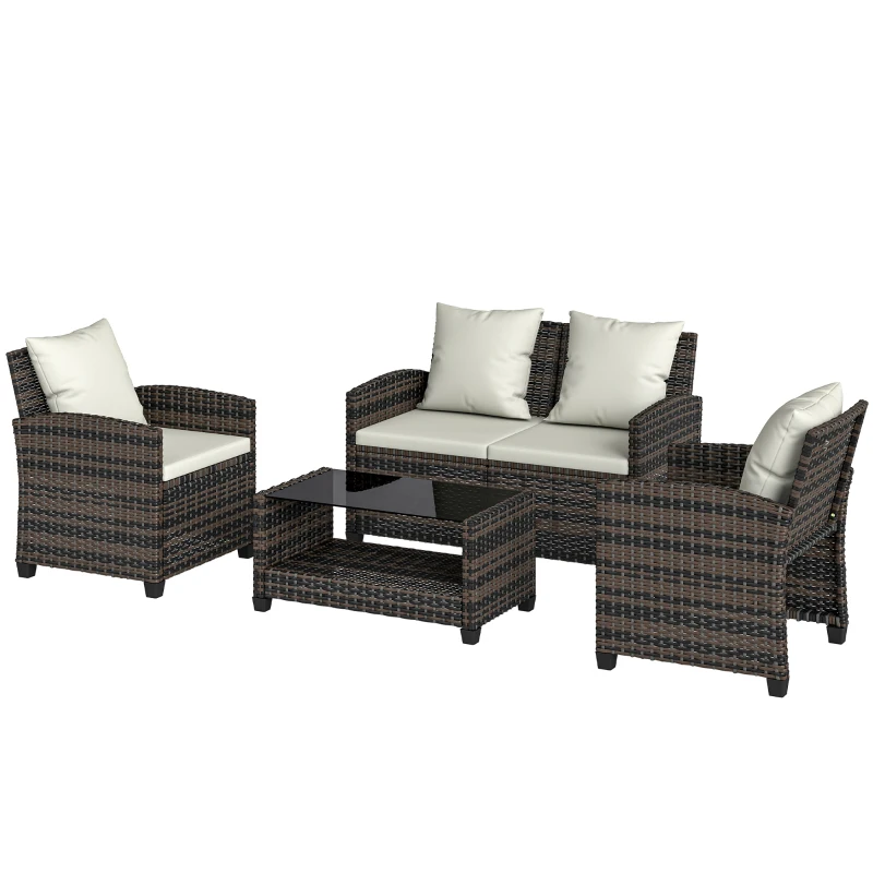 Outsunny 4 Piece Wicker Patio Furniture Set, Outdoor Furniture Conversation Set with Loveseat, Chairs, 2 Tier Table, Beige
