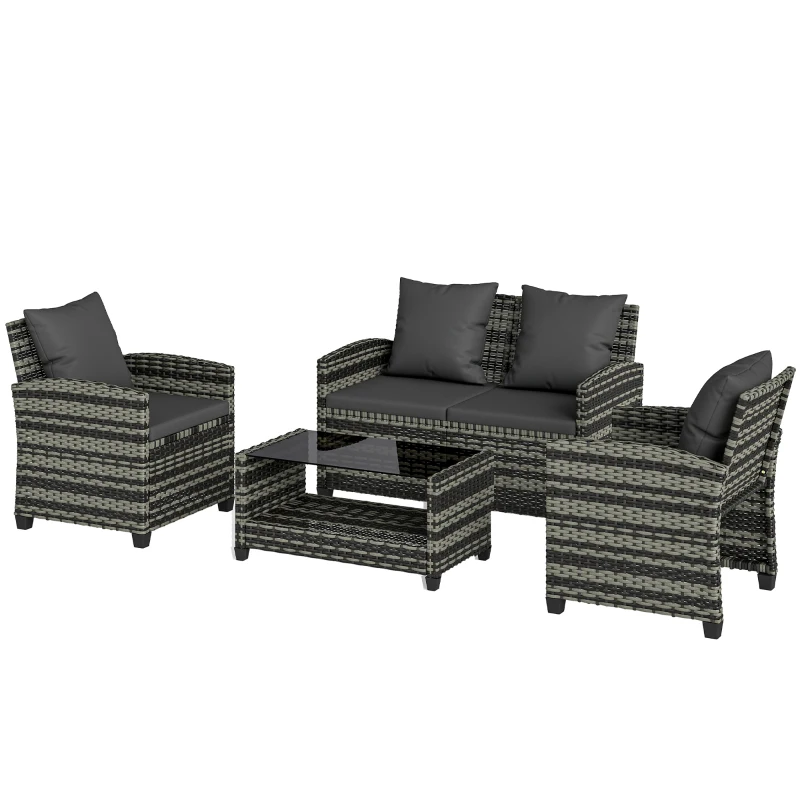 Outsunny 4 Piece Wicker Patio Furniture Set, Outdoor Furniture Conversation Set with Loveseat, Chairs, 2 Tier Table, Dark Grey