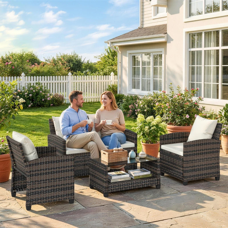 Outsunny 4 Piece Wicker Patio Furniture Set, Outdoor Furniture Conversation Set with Loveseat, Chairs, 2 Tier Table, Beige