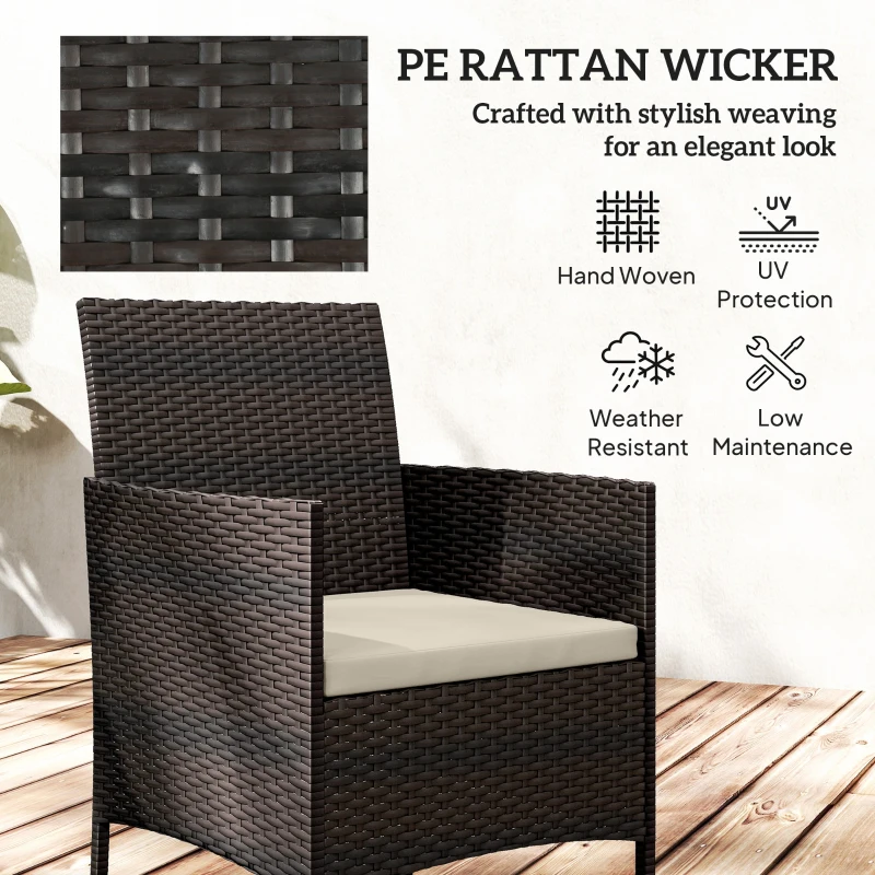 Outsunny Wicker Bistro Set, 3 Piece Patio Furniture Set with 2-Tier Glass Top Table, Cushions for Balcony, Porch, Khaki