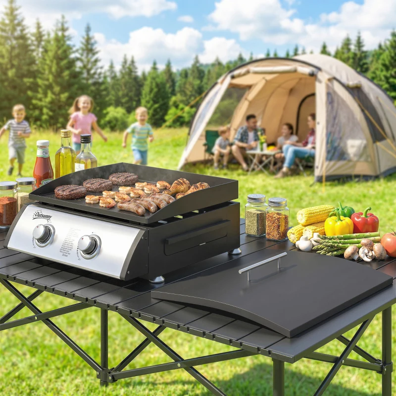 Outsunny 2 Burner Liquefied Gas Grill, Portable Tabletop BBQ Grill, for Camping, Picnic, Silver