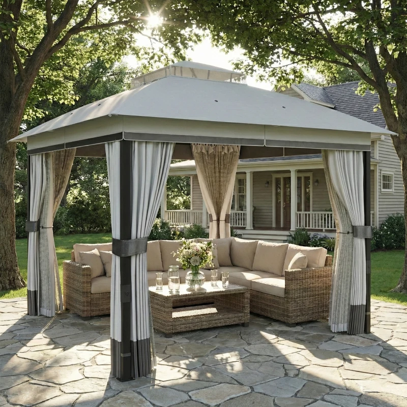 Outsunny 10' x 10' Patio Gazebo, UPF50+ Double Roof Outdoor Gazebo Canopy with Netting and Curtains, Steel Frame, Light Grey