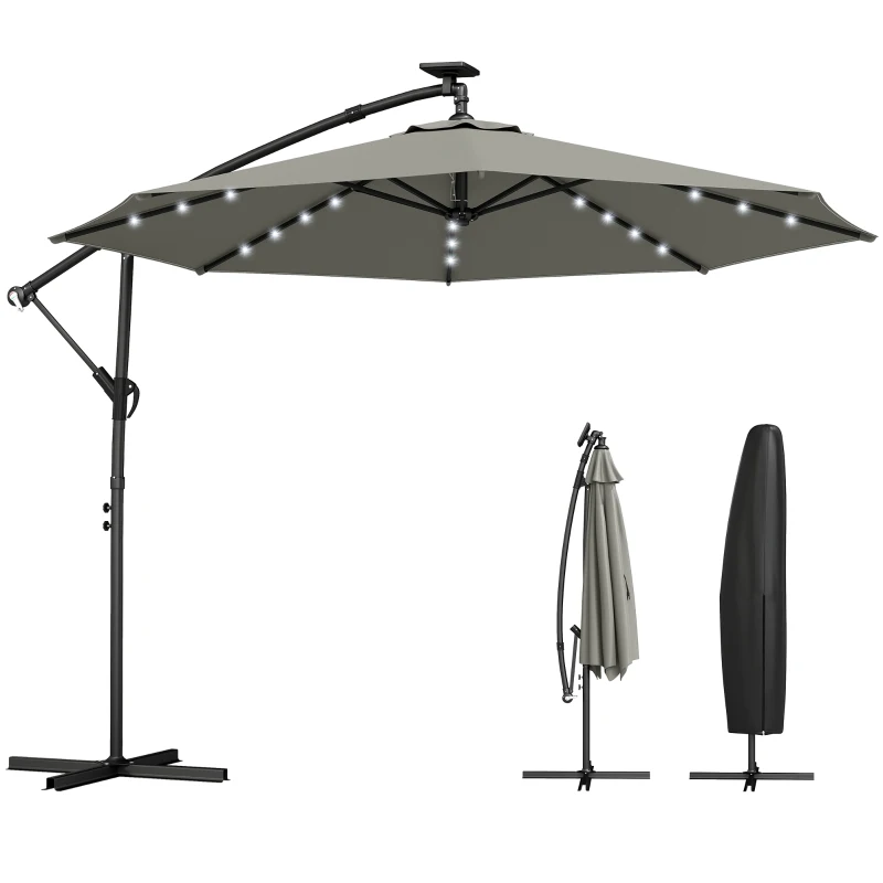 Outsunny 9.7 ft Cantilever Patio Umbrella with Solar Light, Garden Hanging Parasol with Cover, Tilt, Crank, Grey