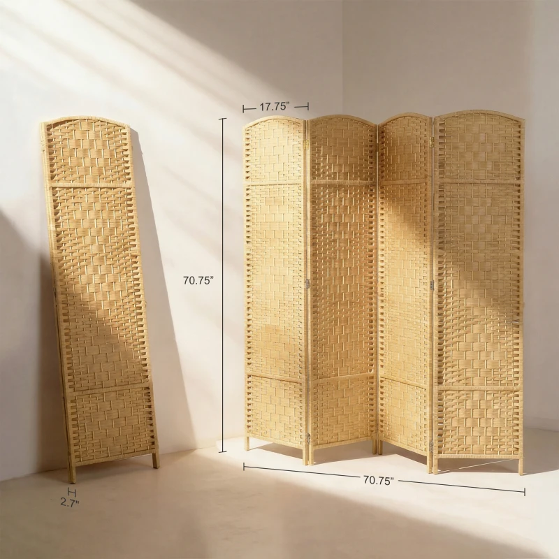 HOMCOM Folding Room Divider Screen 4 Panel 6' Tall Privacy Screen Freestanding Wood Partition for Home Office, Nature Wood