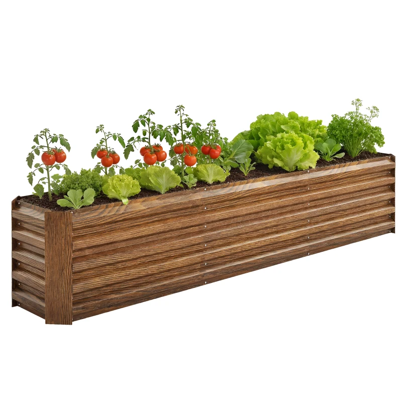 Outsunny 8 x 1.3 x 1.5ft Galvanized Raised Garden Bed, Reinforced Outdoor Planter Box with Open Bottom, Brown Wood Effect