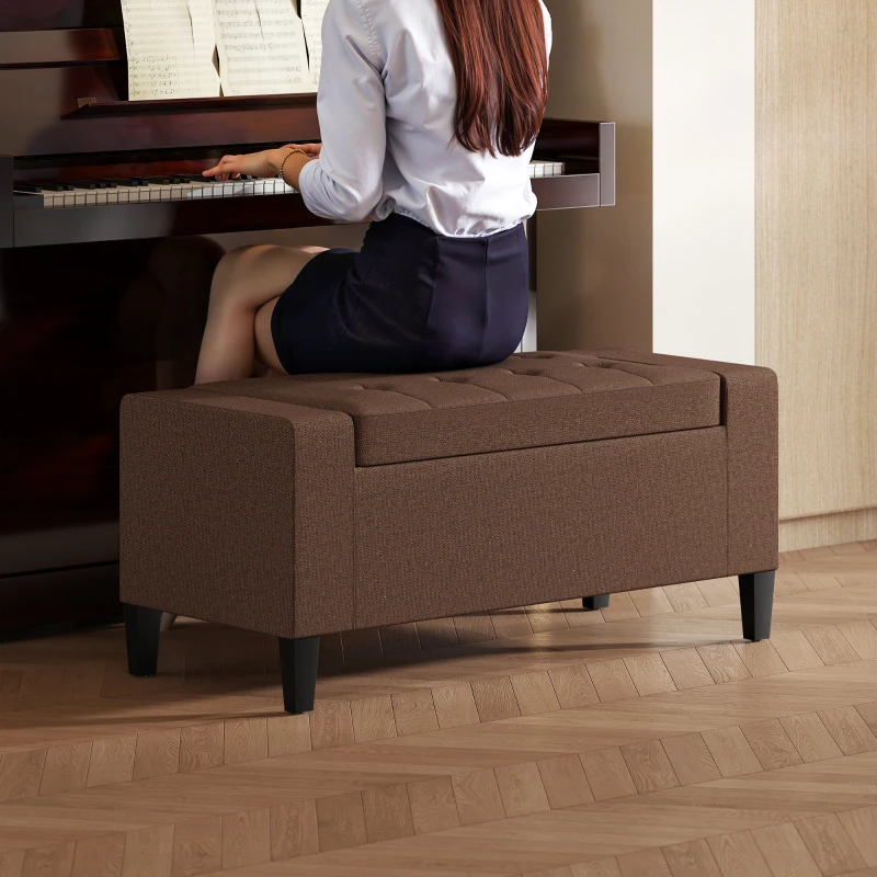 HOMCOM 36" Ottoman with Storage, Storage Ottoman Bench with Lift Top and Rubberwood Legs, Linen Upholstered Entryway Bench with Seating for Living Room, Bedroom, Holds up to 330 lb, Dark Brown