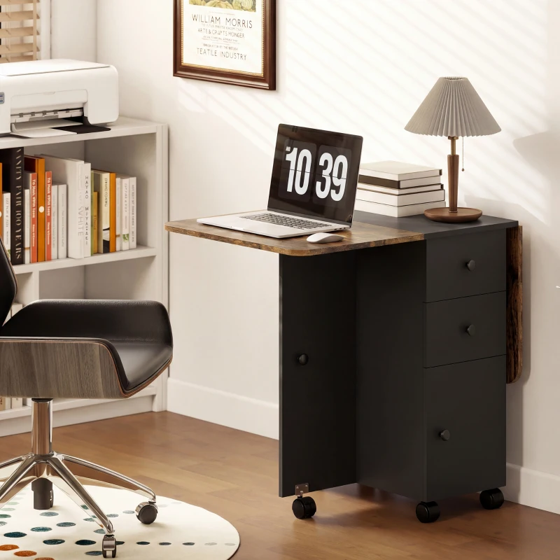 HOMCOM Drop Leaf Dining Table, Mobile Folding Table on Wheels with Drawers and Cabinet for Dining Room, Rustic Brown and Black