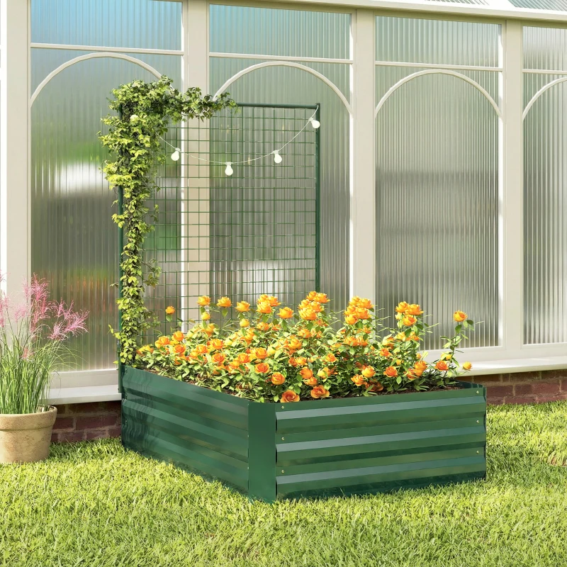 Outsunny Galvanized Raised Garden Bed with Trellis for Climbing Plants, Outdoor Planter Box with Open Bottom, Green