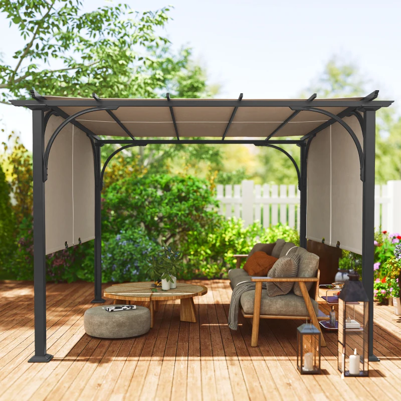Outsunny 10' x 10' Patio Pergola with Weather-Resistant Steel Frame, Backyard Sun Shade Canopy Cover Shelter for Porch Party, Garden, Grill Gazebo, Beige