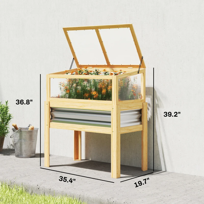 Outsunny Raised Garden Bed with Mini Greenhouse, Elevated Planter Box with Legs and Bed Liner for Flowers, Vegetables