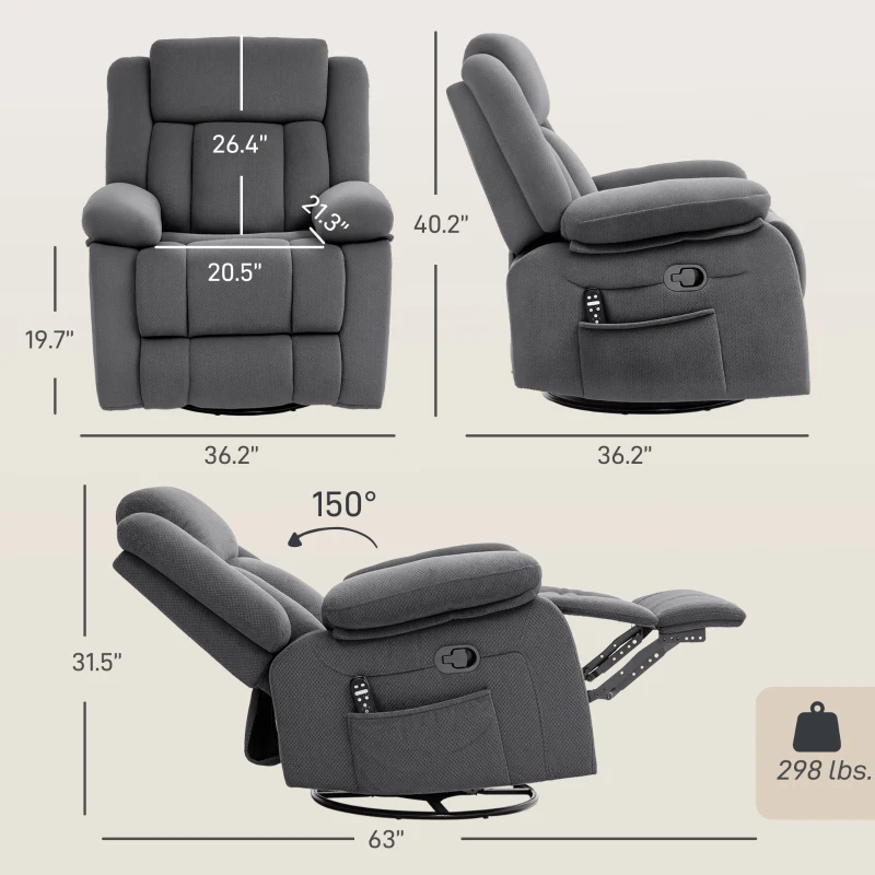 HOMCOM Recliner Massage Armchair with Heat, Oversized Swivel Rocker with Footrest, Remote and Side Pockets, Gray