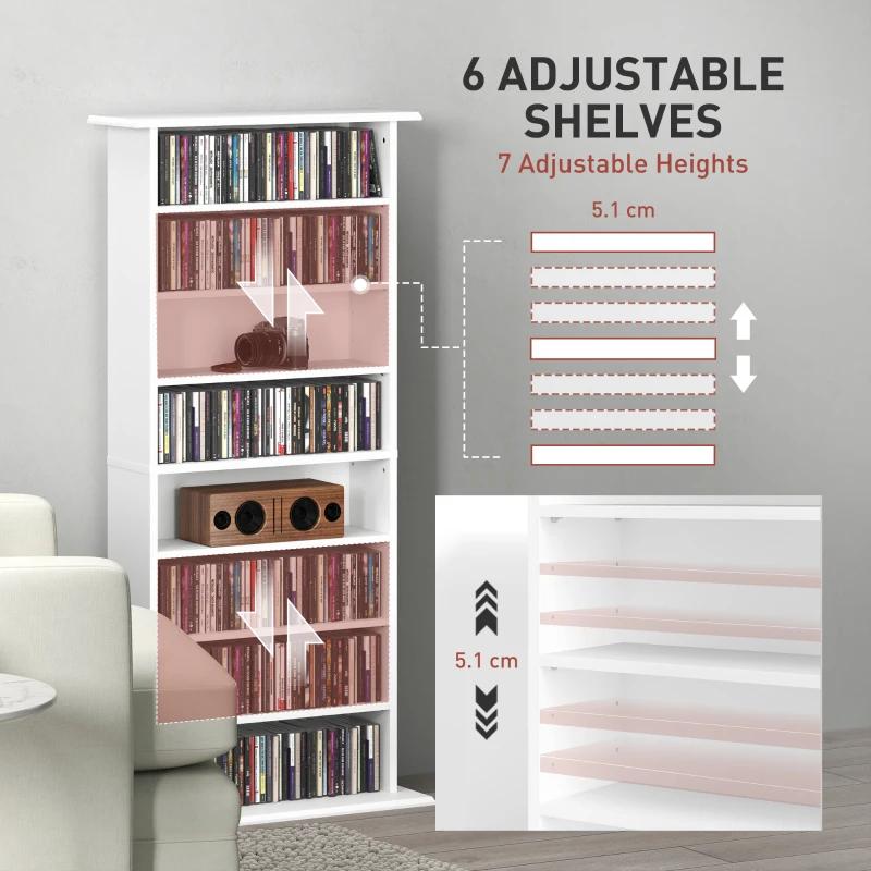 HOMCOM 8-Tier DVD Shelf with 6 Adjustable Shelves, Slim CD Shelf, Holds 360 CDs, 185 DVDs or 185 Blu-rays, White