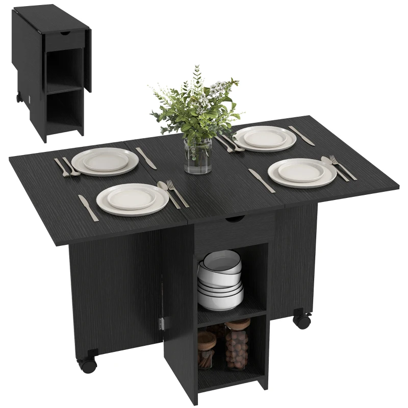 HOMCOM Folding Dining Table with Storage, Drop Leaf Kitchen Table with Drawer and Shelves for Small Spaces, Black
