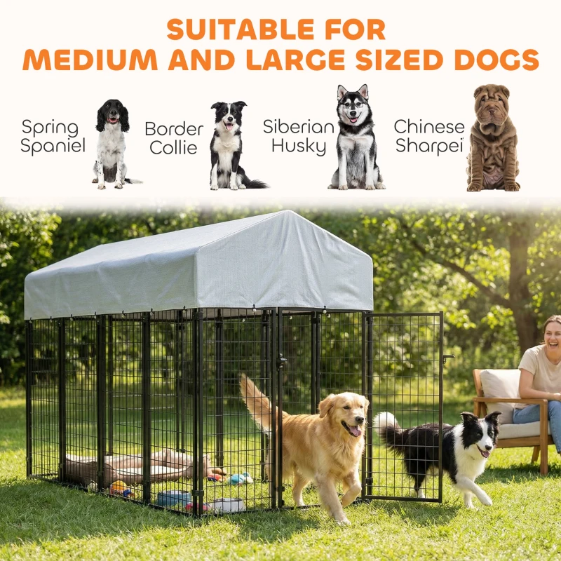 PawHut Outdoor Dog Kennel with Roof, 8' x 4' x 6' Heavy Duty Welded Wire Dog Playpen Enclosure with Escape-proof Lock