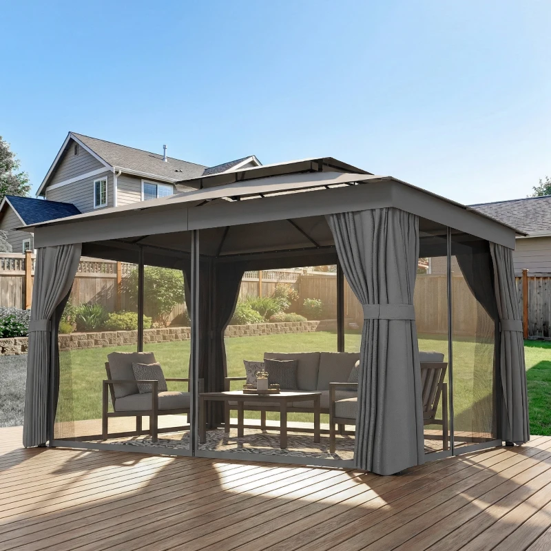Outsunny 10' x 12.5' Outdoor Gazebo with Curtains and Netting, Double Roof Metal Patio Gazebo Canopy Shelter with Hook, Dark Grey