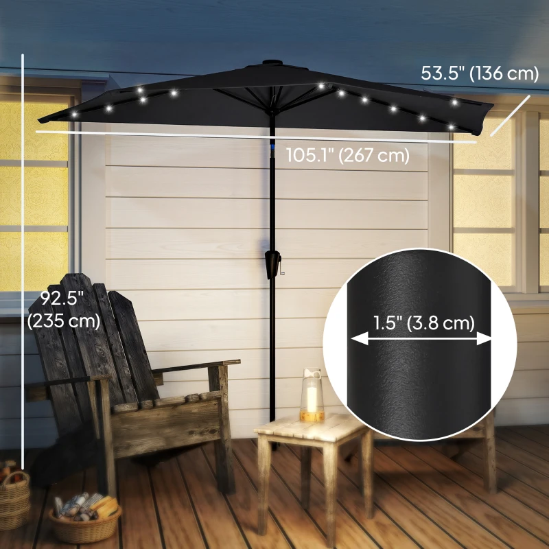 Outsunny Half Outdoor Patio Umbrella with Solar LED Lights Half Umbrella with Crank 105.1" x 53.5" Black