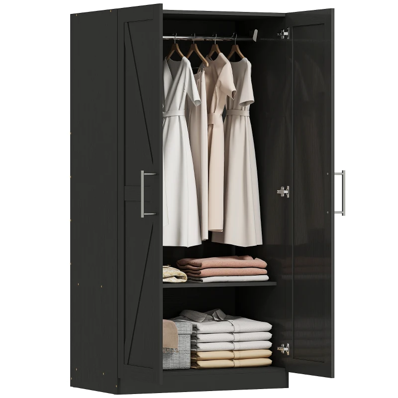 HOMCOM Wardrobe Cabinet with 2 Barn Doors and Hanging Rod, Farmhouse Armoire Wardrobe Closet for Bedroom, Black Wood Effect