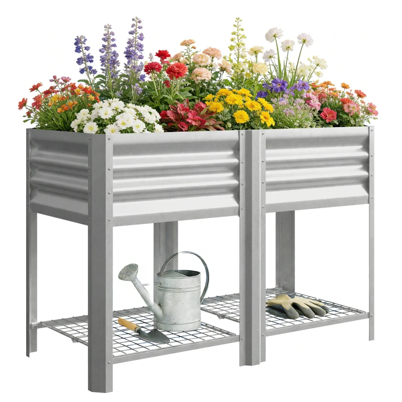 Outsunny Raised Garden Bed with Legs Storage Shelf Elevated Planter Box 31.5" for Flowers Vegetables Silver