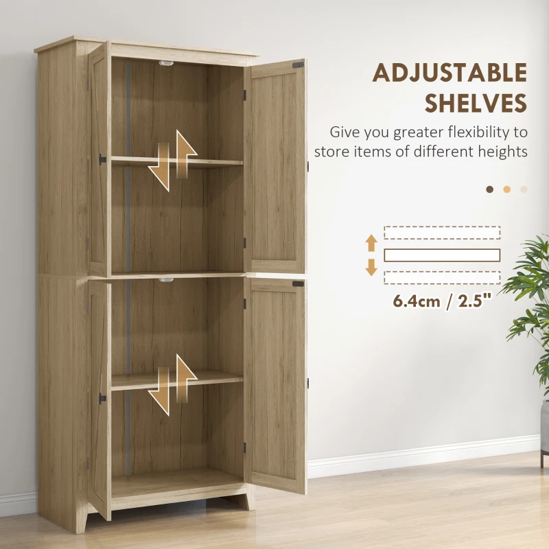 HOMCOM 72" Freestanding Kitchen Pantry Cabinet, Farmhouse Tall Storage Cabinet with 4 Door Cabinets and Adjustable Shelves for Dining Room, Natural