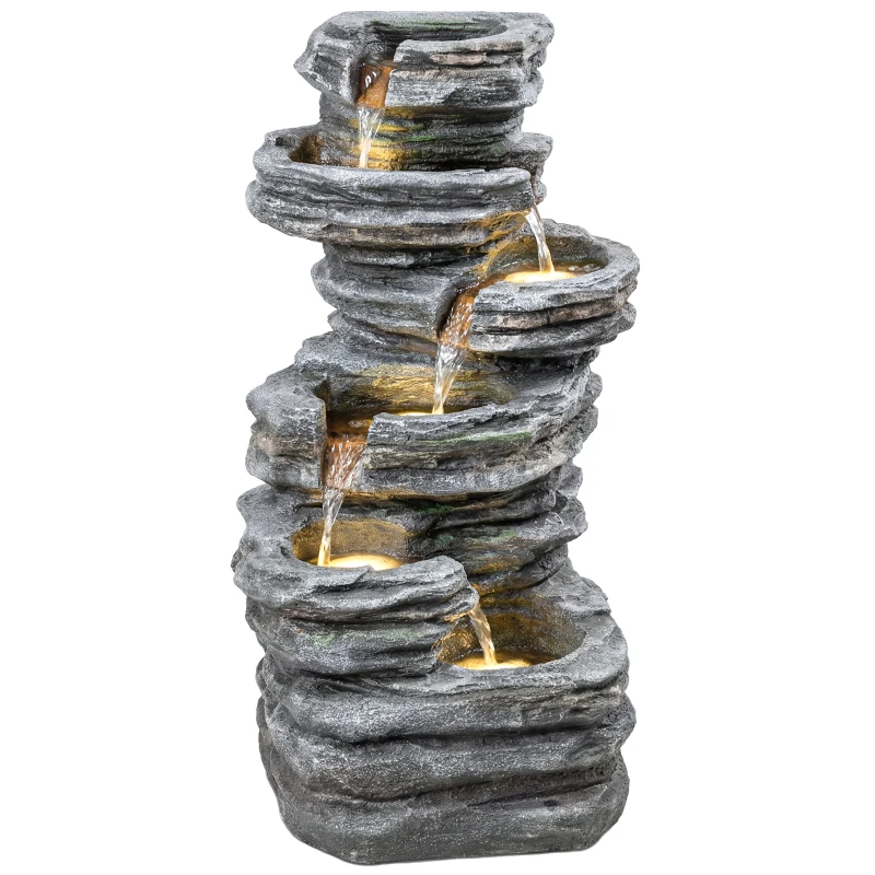 Outsunny Outdoor 6-Tier Water Fountain, Waterfall Fountain with LED Lights, Resin Waterfall Feature with Pump, Grey