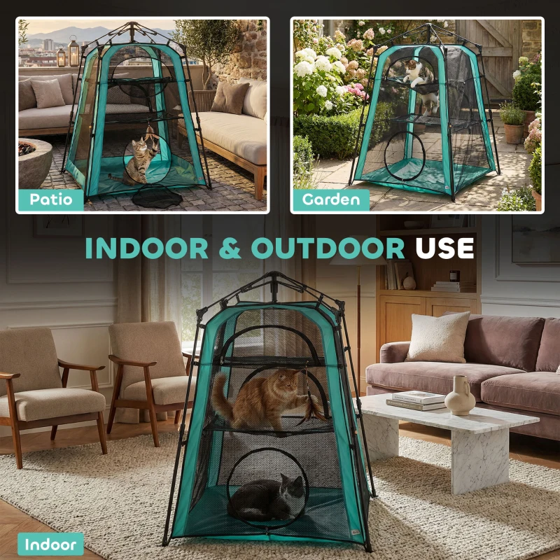 PawHut Cat Tent, 3-Tier Portable Pet Tent for Indoor Outdoor, Cat House with Multi-Door, Carry Bag, Breathable Mesh