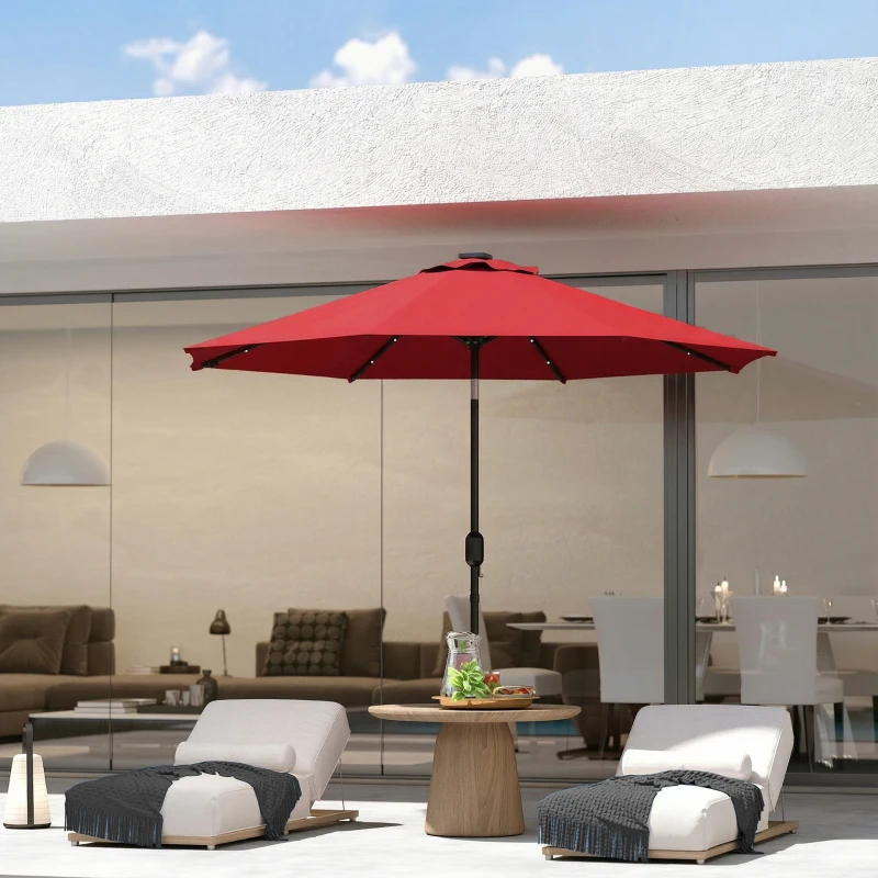 Outsunny 9ft Solar Patio Umbrella Outdoor Sunshade 24 LED Lights Tilt Canopy Wine Red