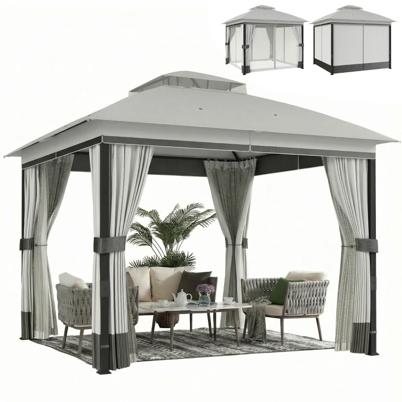 Outsunny 10' x 10' Patio Gazebo, UPF50+ Double Roof Outdoor Gazebo Canopy with Netting and Curtains, Steel Frame, Light Grey