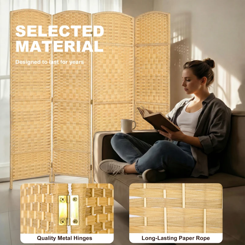 HOMCOM Folding Room Divider Screen 4 Panel 6' Tall Privacy Screen Freestanding Wood Partition for Home Office, Nature Wood