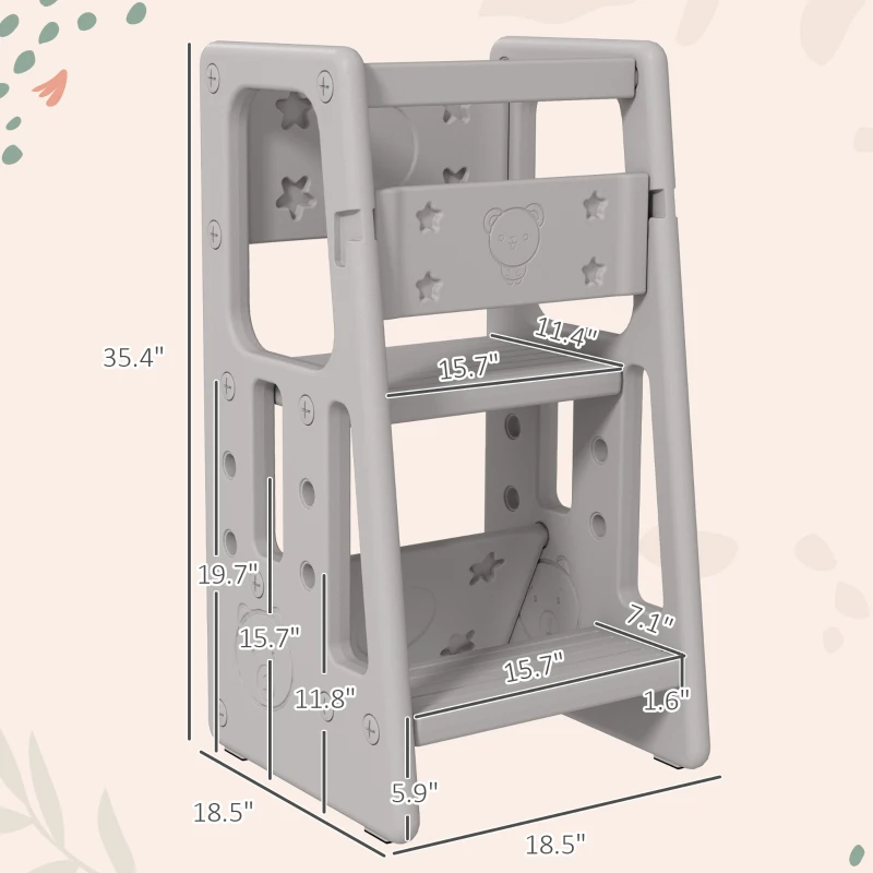 Qaba Toddler Tower with Adjustable Height, Toddler Kitchen Stool Helper with Anti-slip Mat, Step Stool for Kitchen, Bathroom, Gray