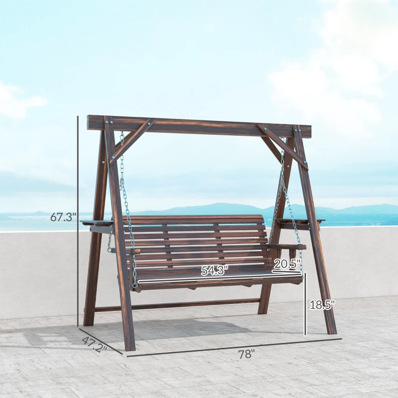 Outsunny 3 Seat Wooden Porch Swing with Stand, Patio Swing with Side Tables, for Garden, Poolside, Backyard, Carbonized Brown