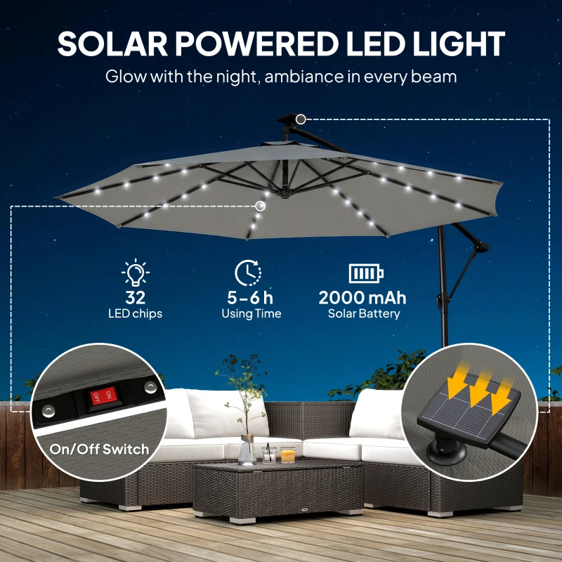 Outsunny 9.7 ft Cantilever Patio Umbrella with Solar Light, Garden Hanging Parasol with Cover, Tilt, Crank, Grey