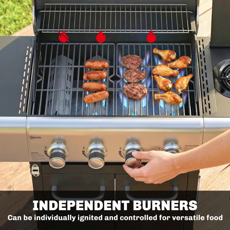 Outsunny 4 Burner Propane Gas Grill with Side Burner, 53,000 BTU BBQ Grill with Cast Iron Grates, Wheels, Warming Rack, Cabinet