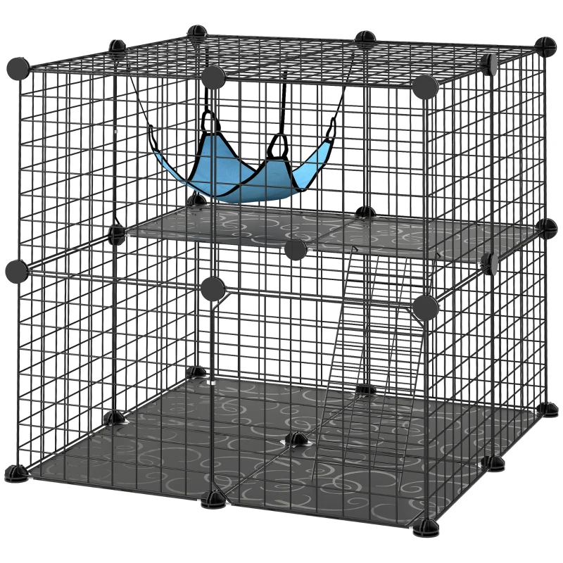 PawHut 2 Tier Cat Cage Crate, DIY Pet Playpen with 2 Doors, Ladder, Hammock, Perch, Indoor Playpen for Kittens, Black