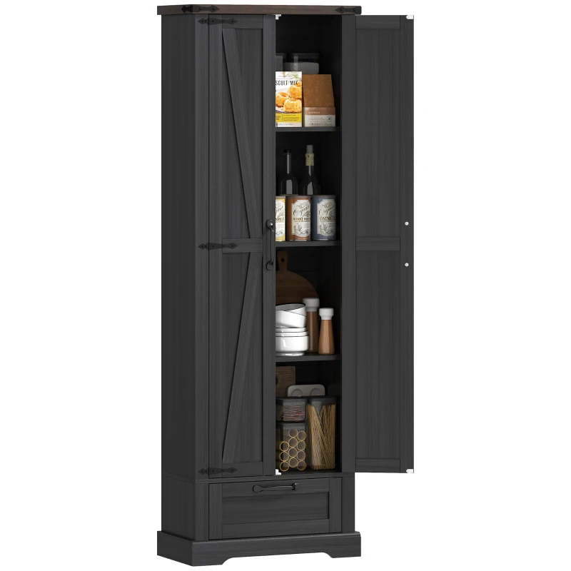 HOMCOM 71" Pantry Cabinet, Kitchen Storage Cabinet with Adjustable Shelves, Barn Doors and Drawer for Dining Room, Black