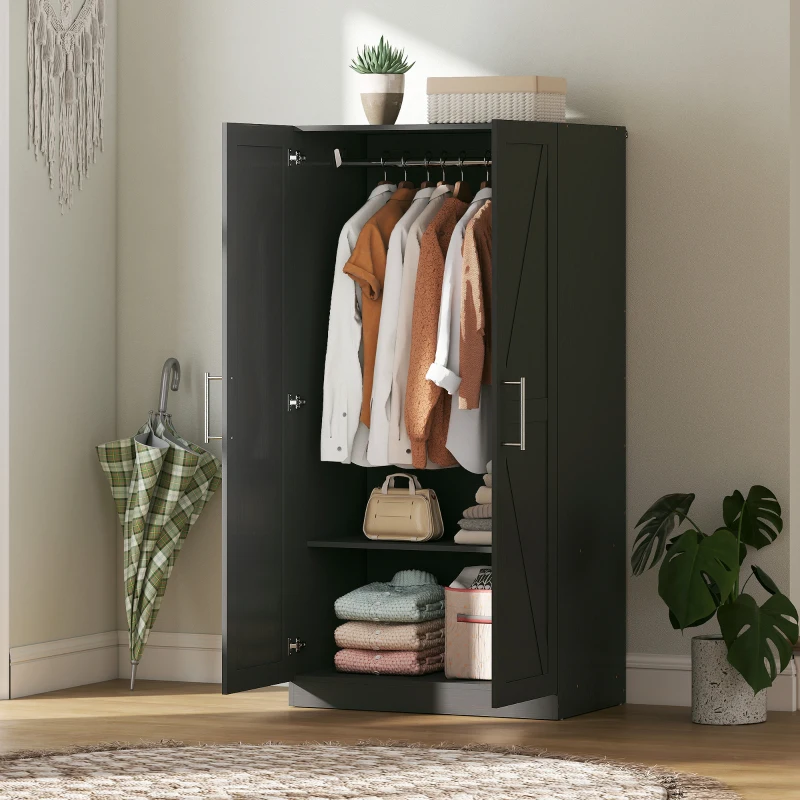 HOMCOM Wardrobe Cabinet with 2 Barn Doors and Hanging Rod, Farmhouse Armoire Wardrobe Closet for Bedroom, Black Wood Effect