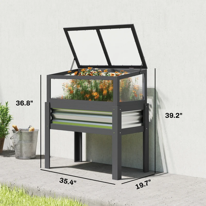 Outsunny Raised Garden Bed with Flip-Up Mini Greenhouse, Elevated Planter Box with Legs and Bed Liner for Flowers, Vegetables