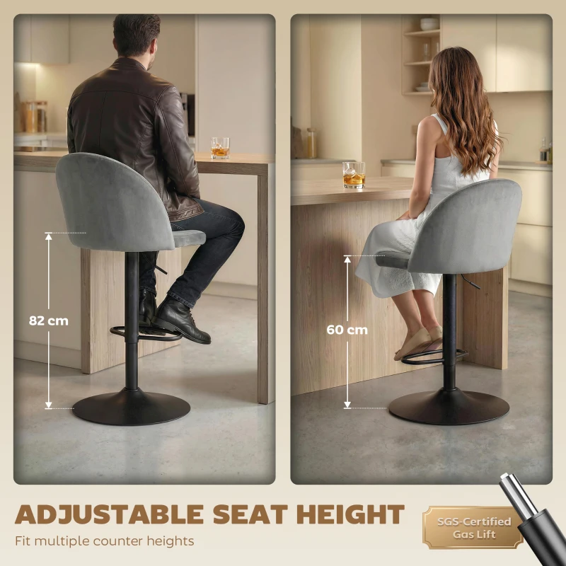 HOMCOM Bar Stools Set of 2, Swivel Counter Height Barstools with Footrest, Grey