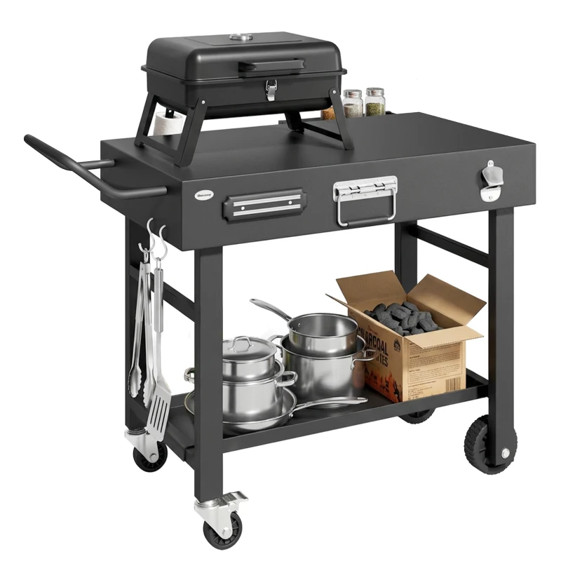Outsunny Outdoor Grill Cart, Folding Grill Table with Magnetic Knife Holder, Hooks, Spice Rack, Paper Rack, Black